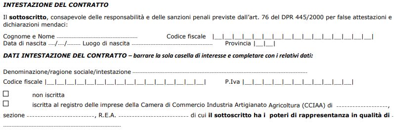 immagine della parte iniziale del modulo riguardante l'inserimento dei dati anagrafici da parte di chi richiede il contratto e dell'intestatario del contratto. Sono presenti anche i campi da compilare se l'intestatario del contratto è una societa'